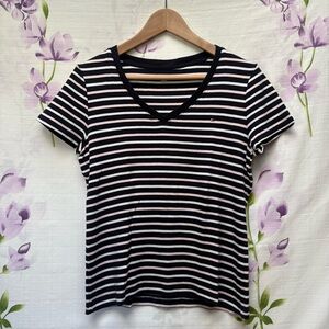 Tommy Hilfiger Navy Pink And White Striped V Neck Short Sleeve T Shirt